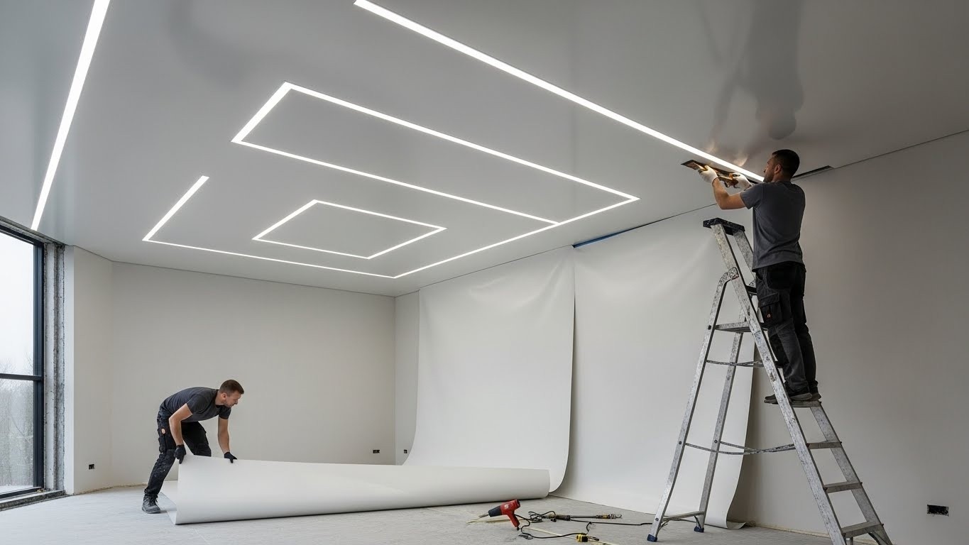 Монтаж натяжных потолков с прямыми линиями с подсветкой