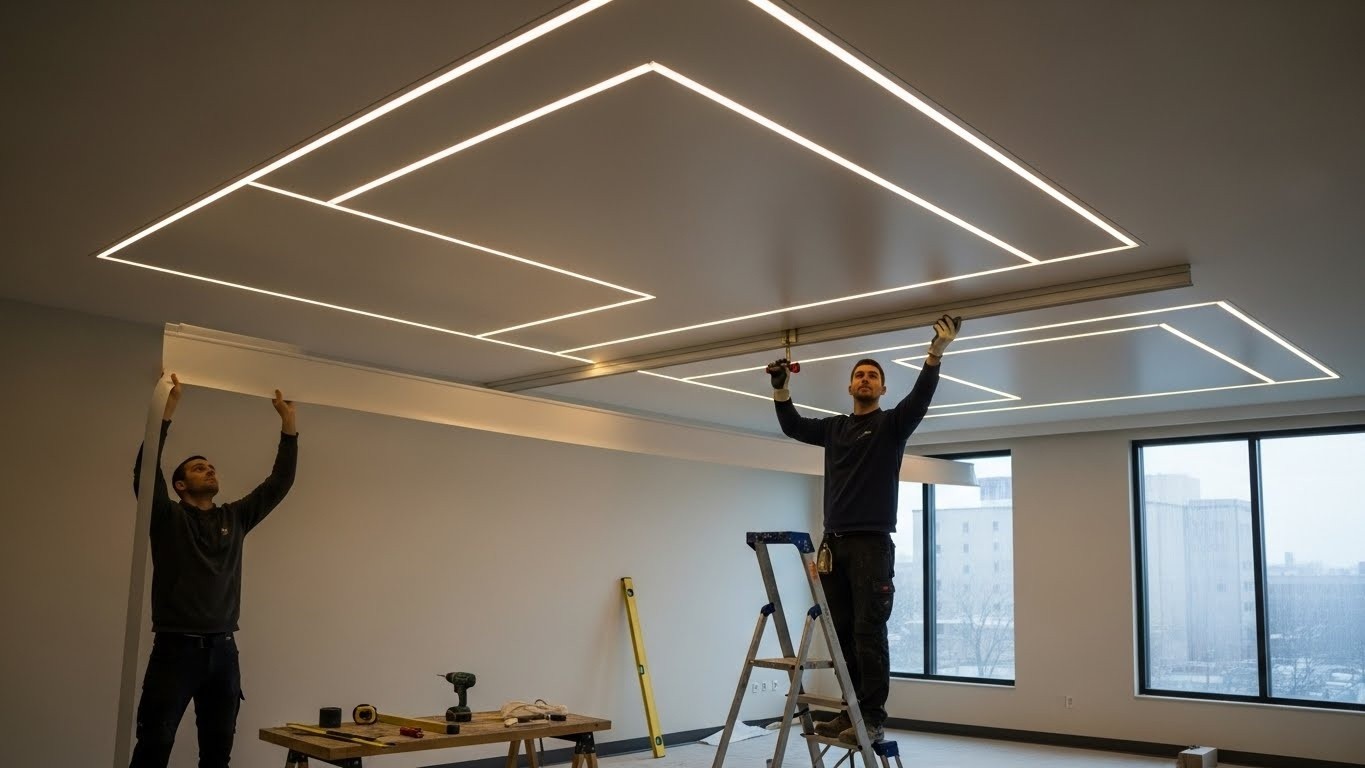 Натяжной потолок с прямыми линиями и подсветкой