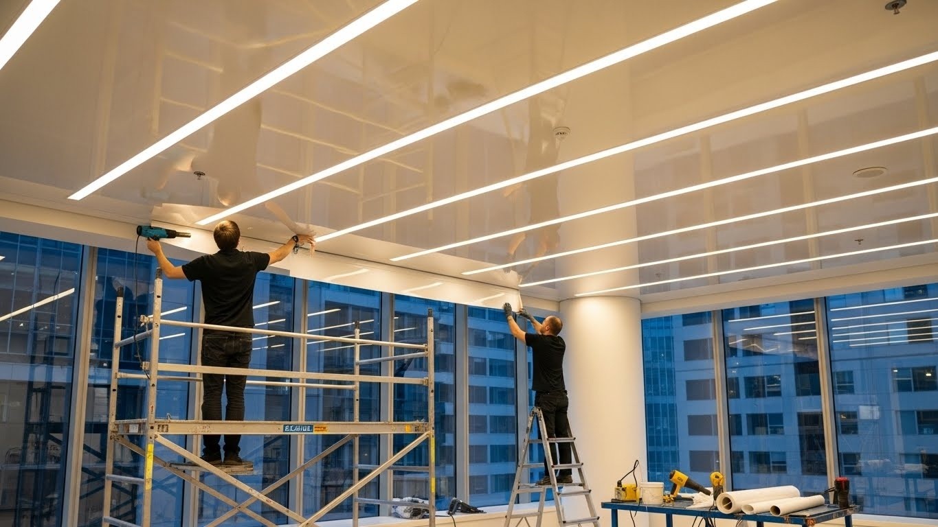 Монтаж натяжных потолков с прямыми линиями для торговых помещений