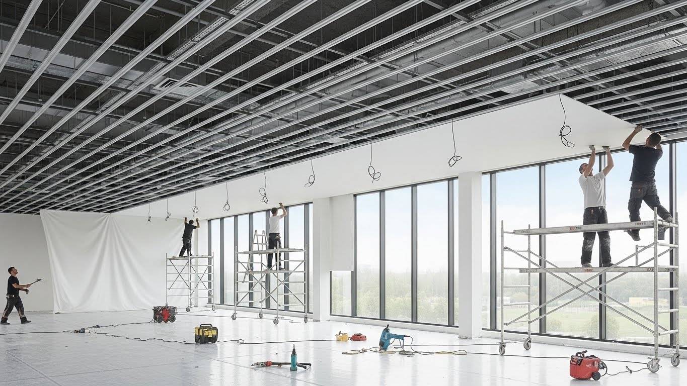 Натяжной потолок с прямыми линиями для торгового помещения