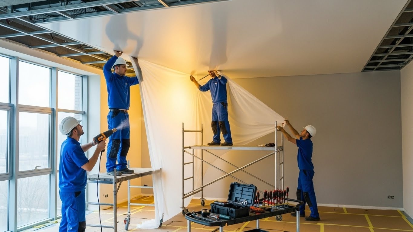 Монтаж натяжных потолков из ткани