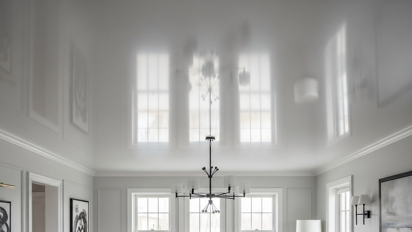 Глянцевый натяжной потолок из ПВХ в современном интерьере