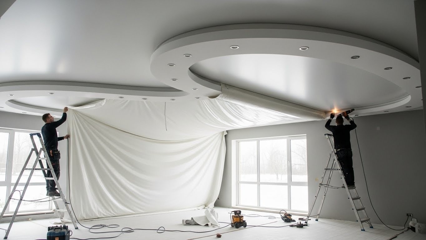 Натяжной потолок с криволинейными формами для жилого помещения