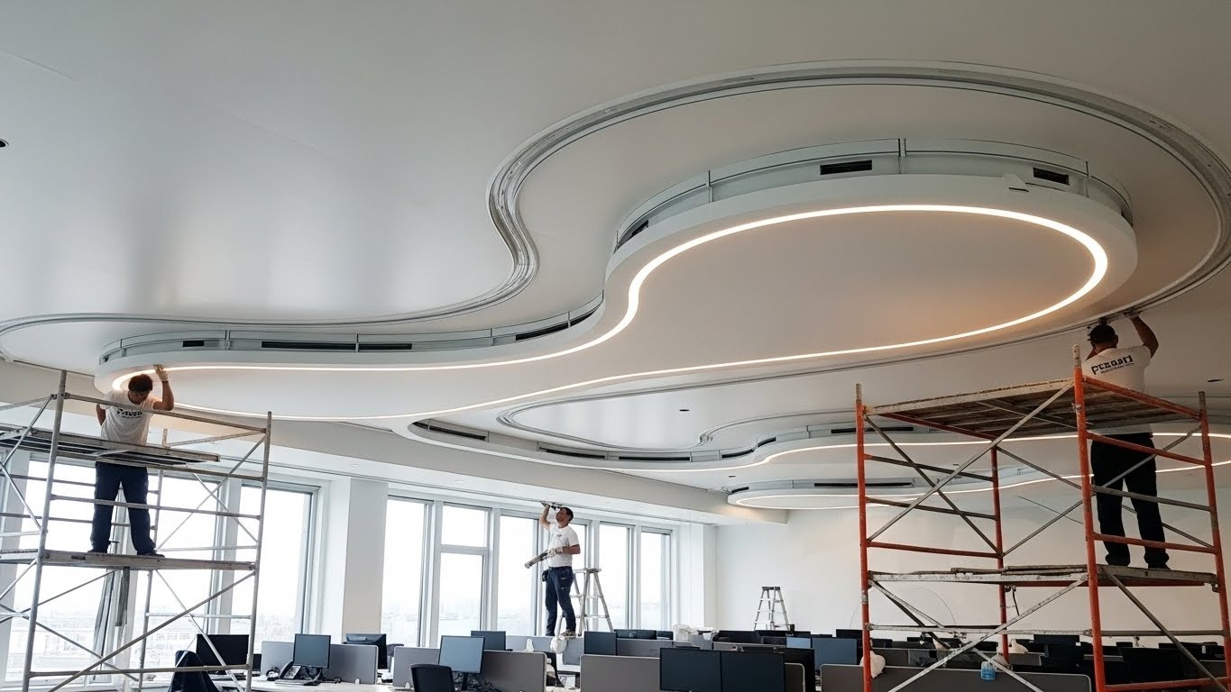 Криволинейный натяжной потолок с подсветкой в офисе