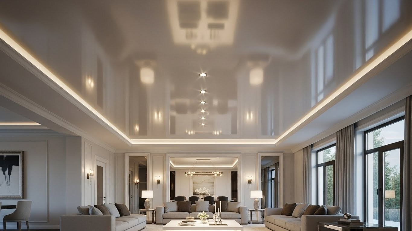 Сатиновый натяжной потолок из ПВХ в интерьере