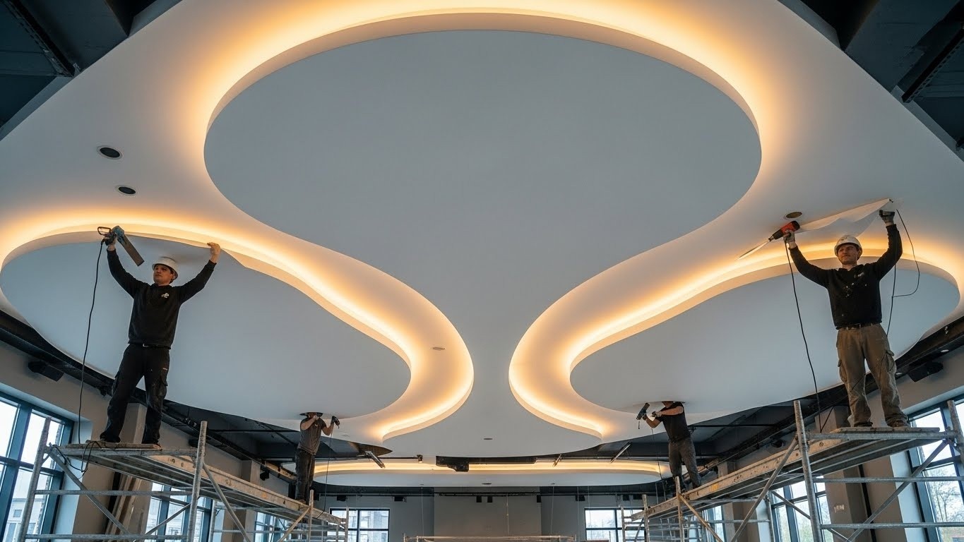 Монтаж натяжных потолков с криволинейными формами для кафе