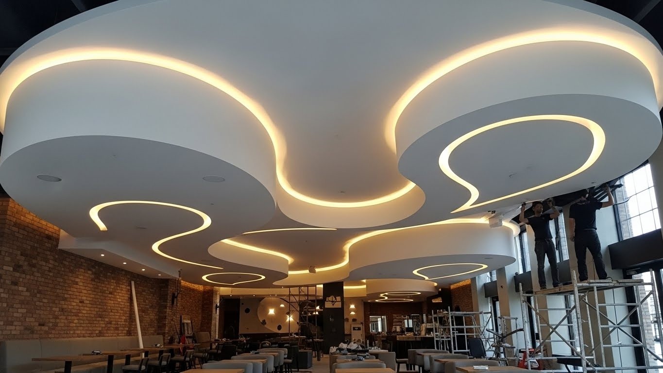 Монтаж криволинейного натяжного потолка с подсветкой в кафе Криволинейный натяжной потолок с подсветкой в кафе