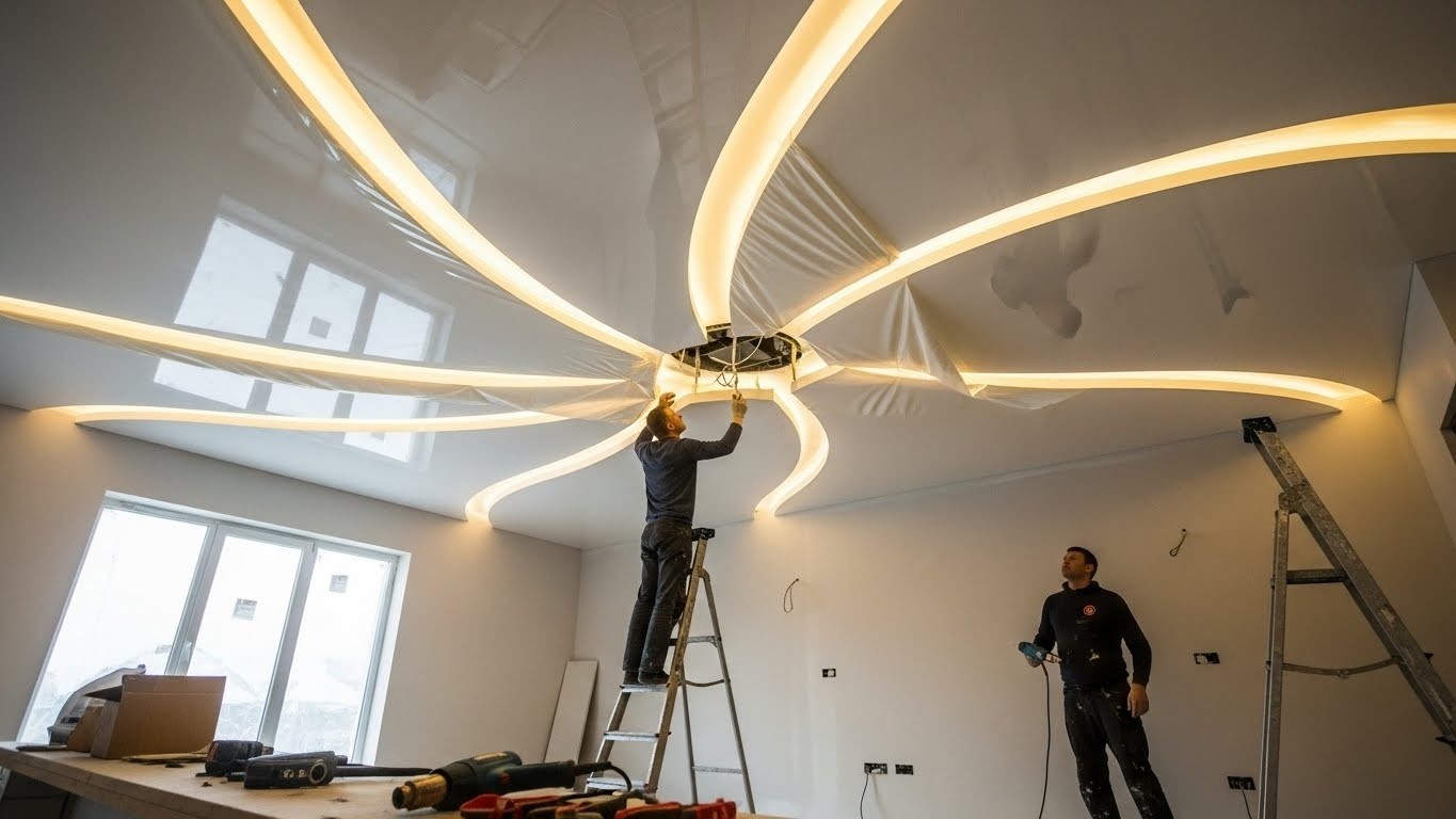 Монтаж натяжных потолков с криволинейными формами с подсветкой