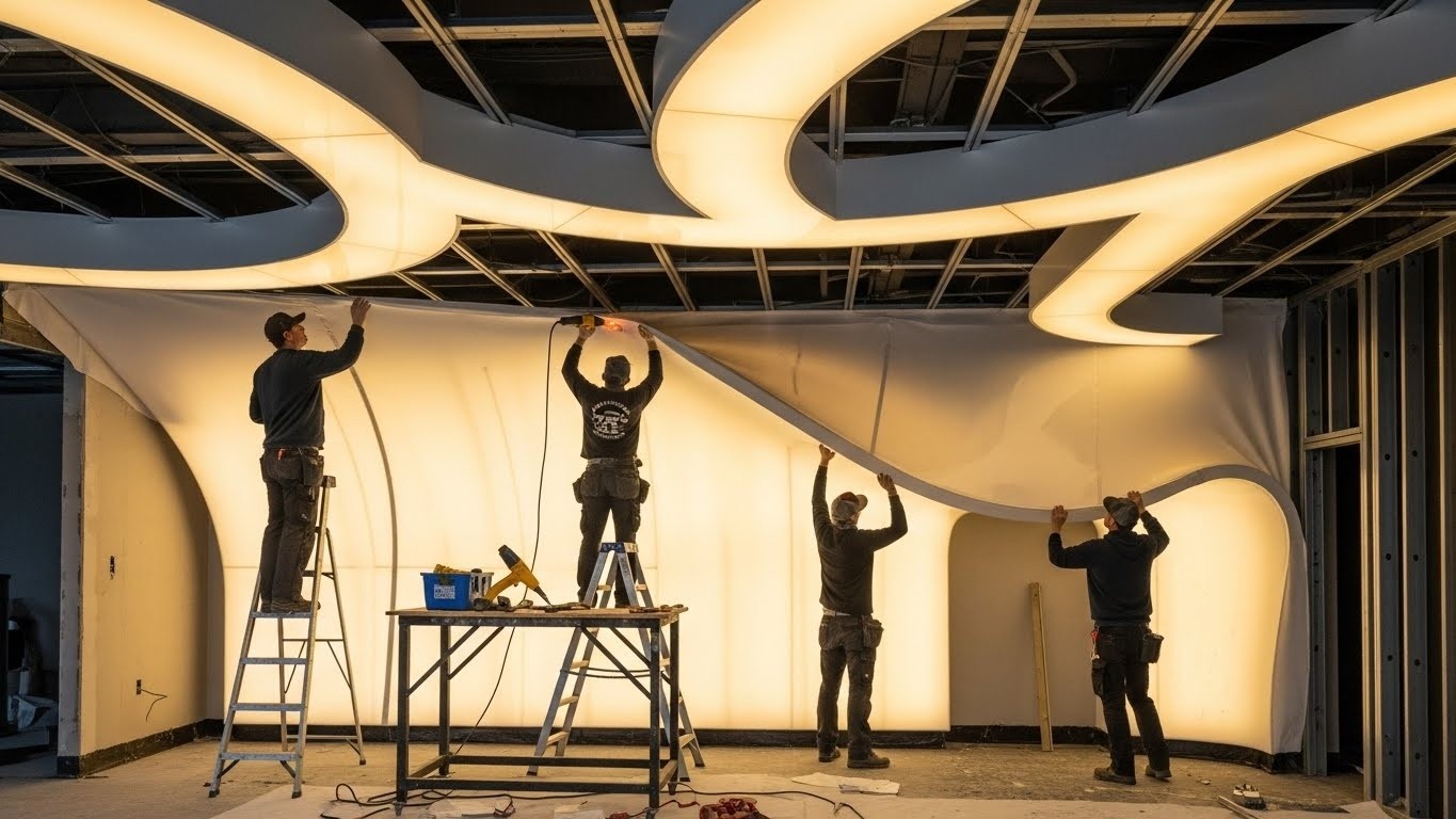 Криволинейный натяжной потолок с подсветкой