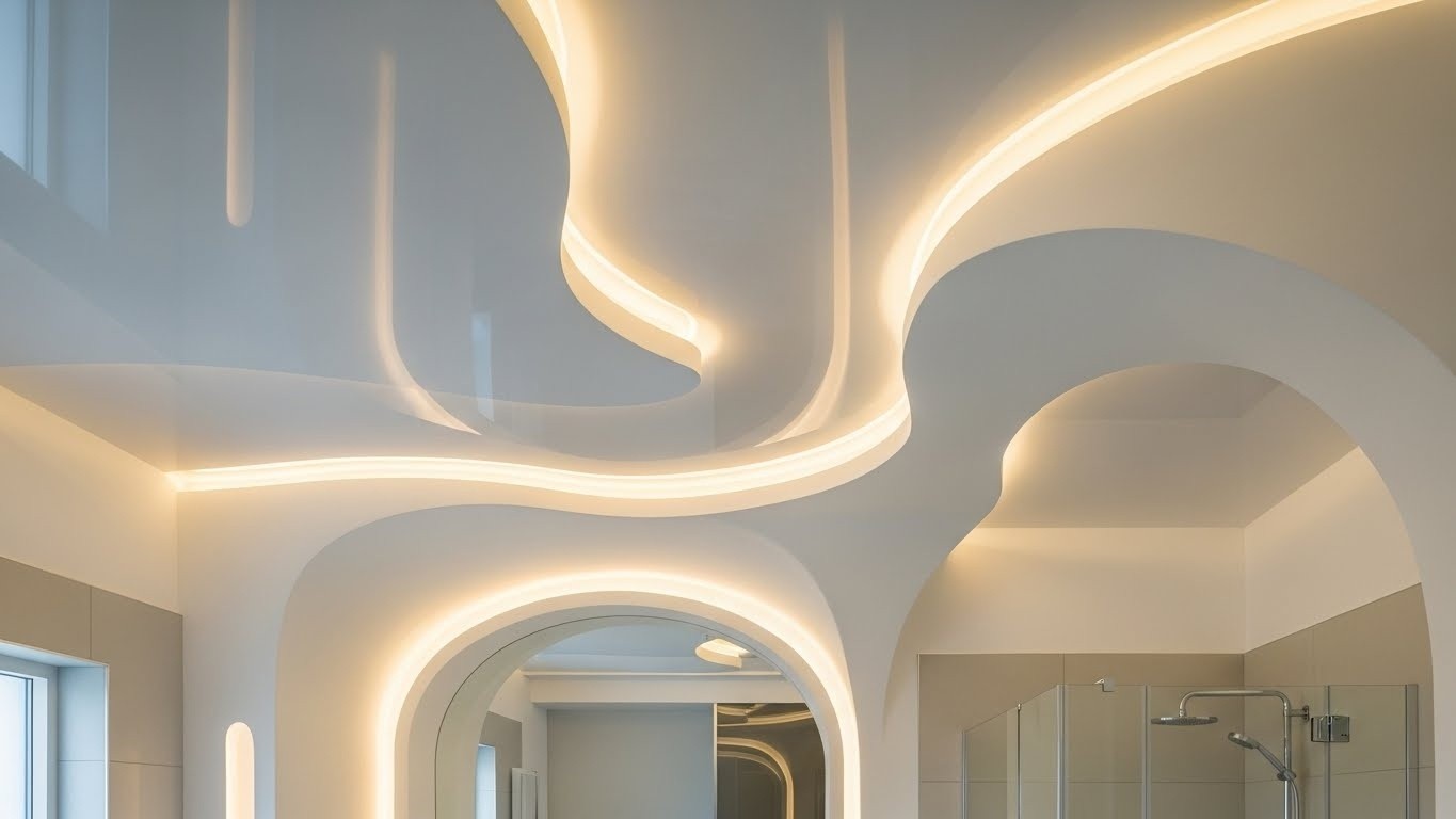 Монтаж натяжных потолков с криволинейными формами для ванных комнат