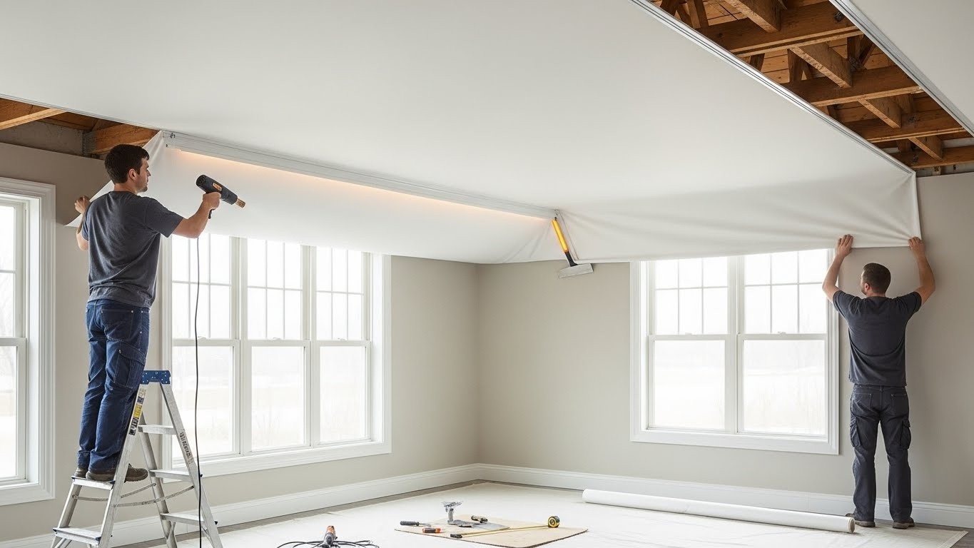 Монтаж тканевого натяжного потолка с точечным освещением