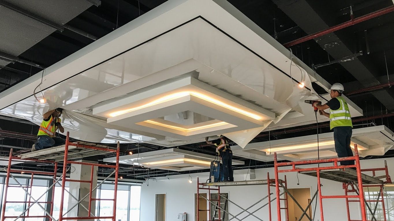 Монтаж натяжных потолков с многоуровневыми конструкциями для офисов