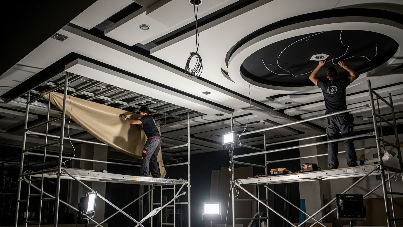 Монтаж натяжных потолков с многоуровневыми конструкциями для кафе