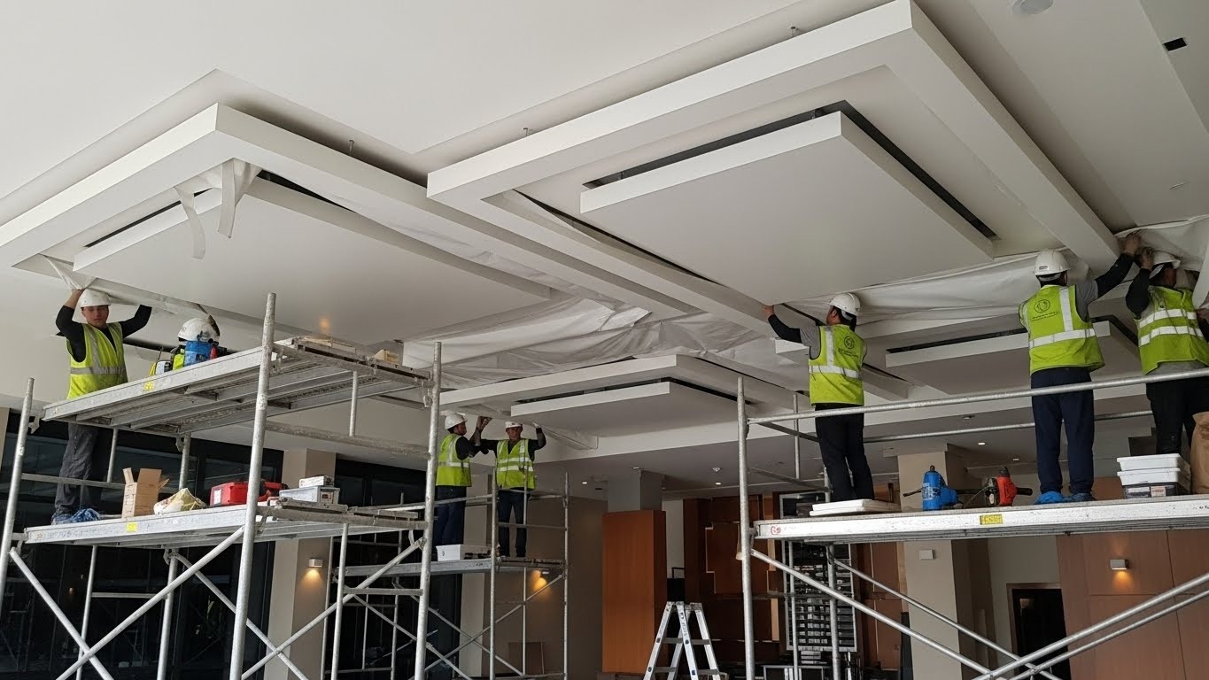 Монтаж многоуровневого натяжного потолка для кафе Многоуровневый натяжной потолок для кафе