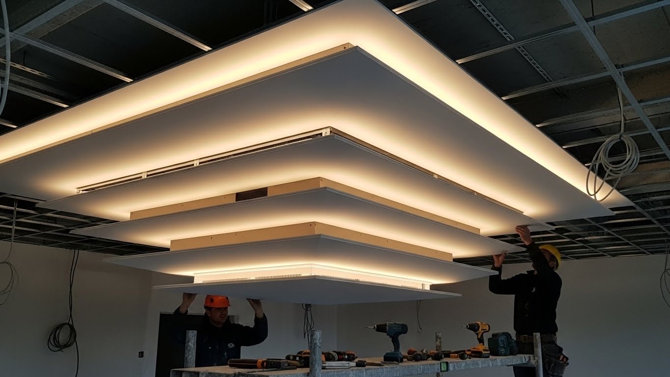 Монтаж натяжных потолков с многоуровневыми конструкциями с подсветкой