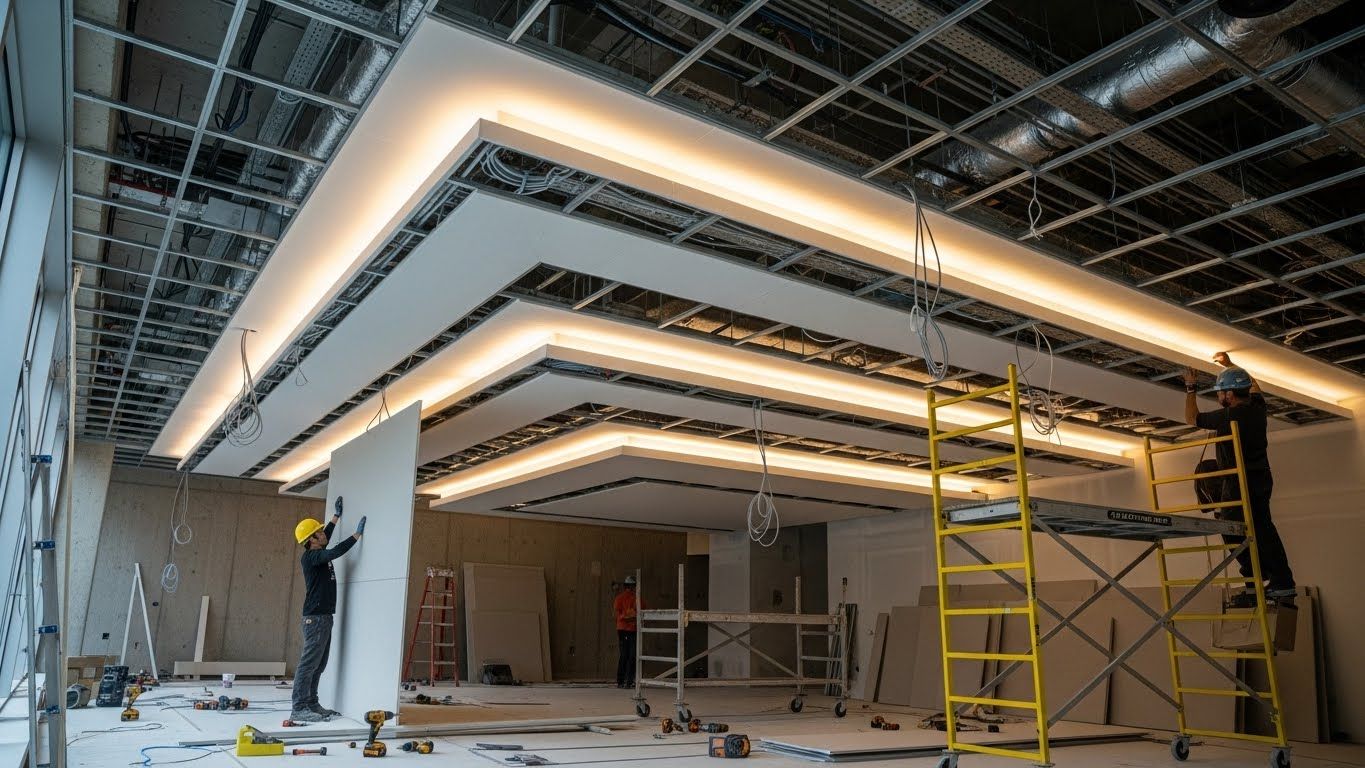 Монтаж многоуровневого натяжного потолка с подсветкой Многоуровневый натяжной потолок с подсветкой