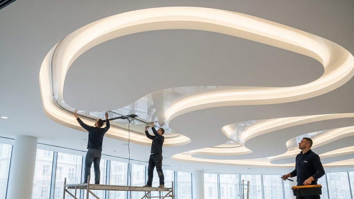 Монтаж натяжных потолков с многоуровневыми конструкциями для торговых помещений