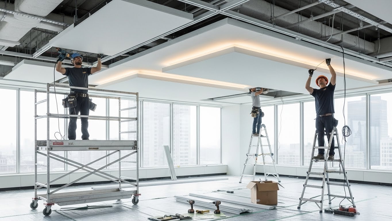 Многоуровневый натяжной потолок с подсветкой в торговом помещении