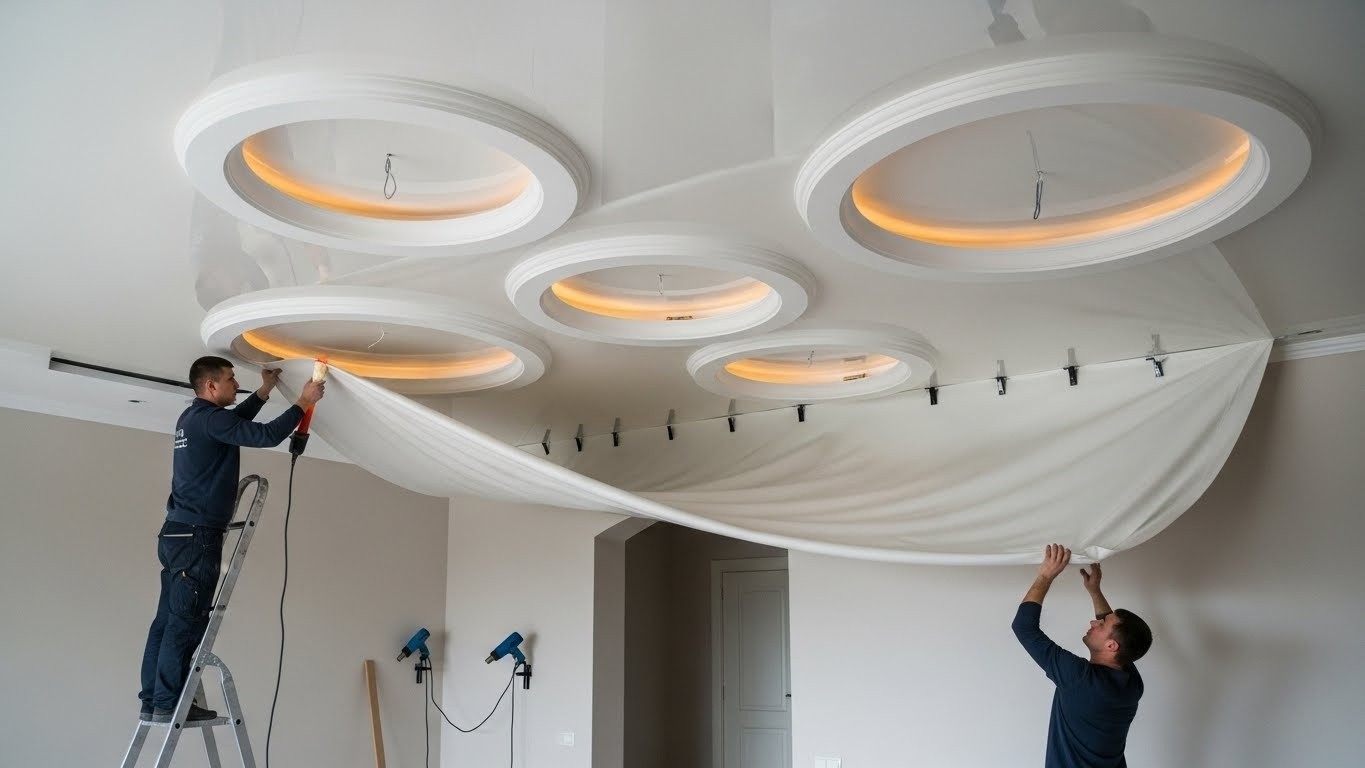 Монтаж натяжного потолка с круглыми и овальными формами для жилых помещений Натяжной потолок с круглыми и овальными формами в жилом помещении