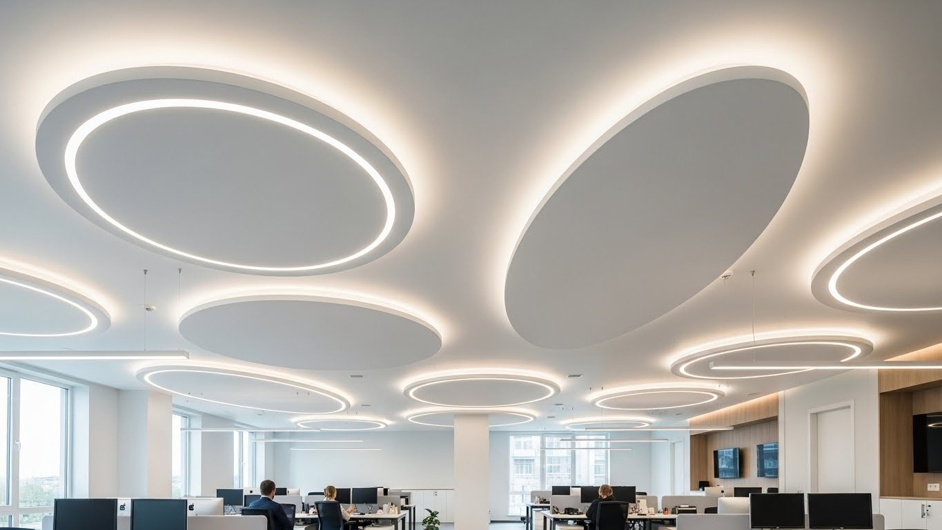 Монтаж натяжных потолков с круглыми и овальными формами для офисов