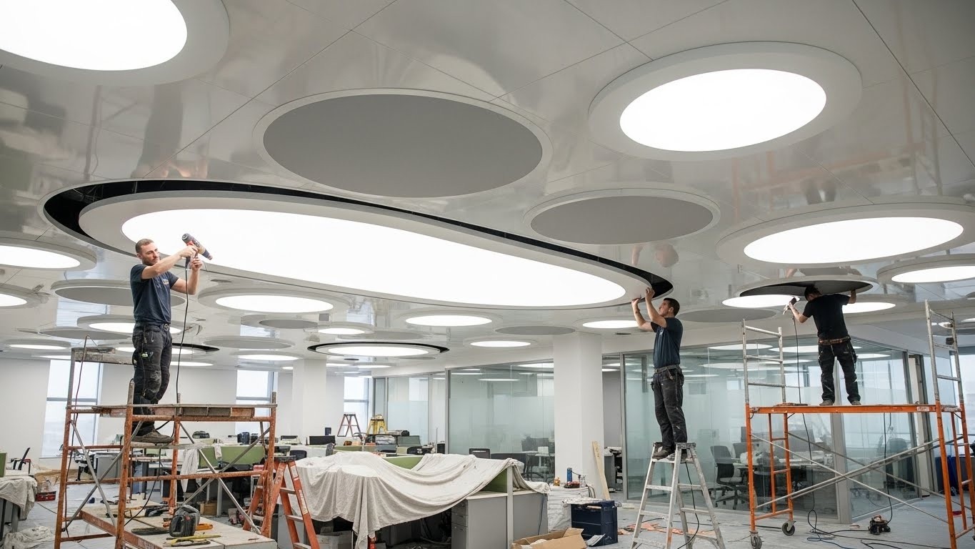 Натяжной потолок с круглыми и овальными формами в офисе