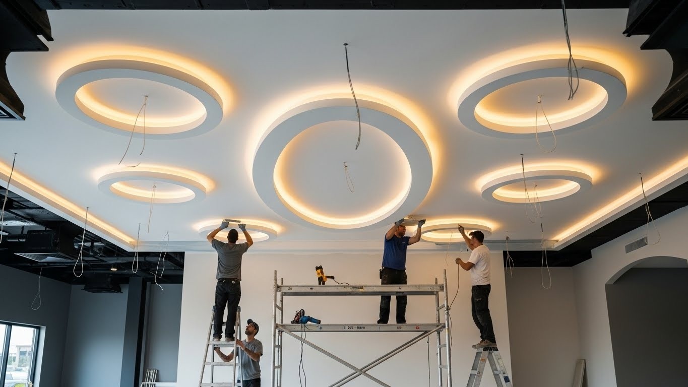 Монтаж натяжных потолков с круглыми и овальными формами с подсветкой