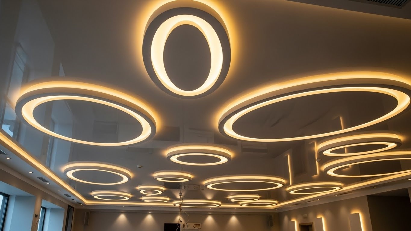 Натяжной потолок с круглыми и овальными формами и подсветкой