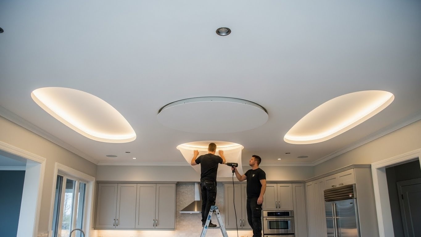 Монтаж натяжных потолков с круглыми и овальными формами для кухонь