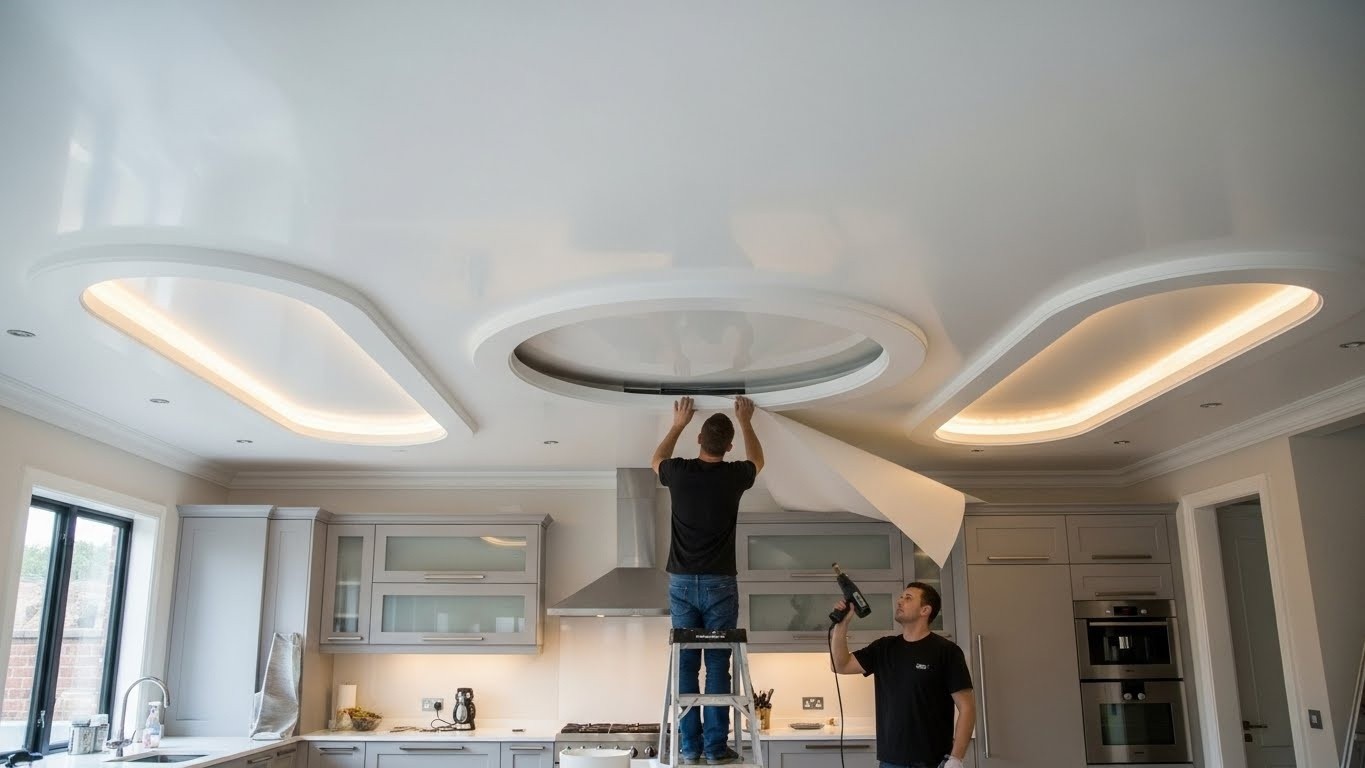 Натяжной потолок с круглыми и овальными формами для кухни