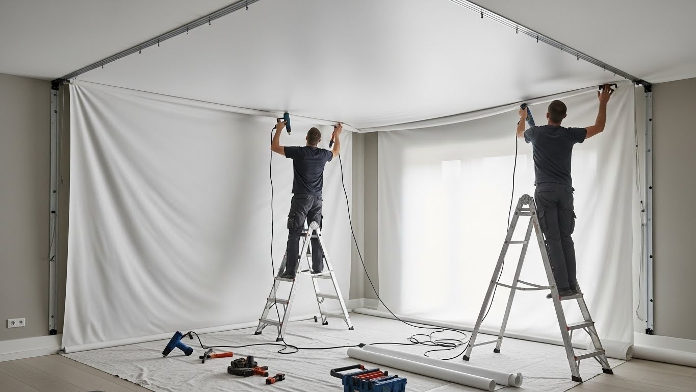 Монтаж матового натяжного потолка с интегрированным освещением