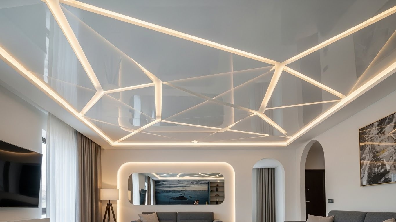 Монтаж сложного геометрического натяжного потолка для жилого помещения Сложный геометрический натяжной потолок в жилом помещении