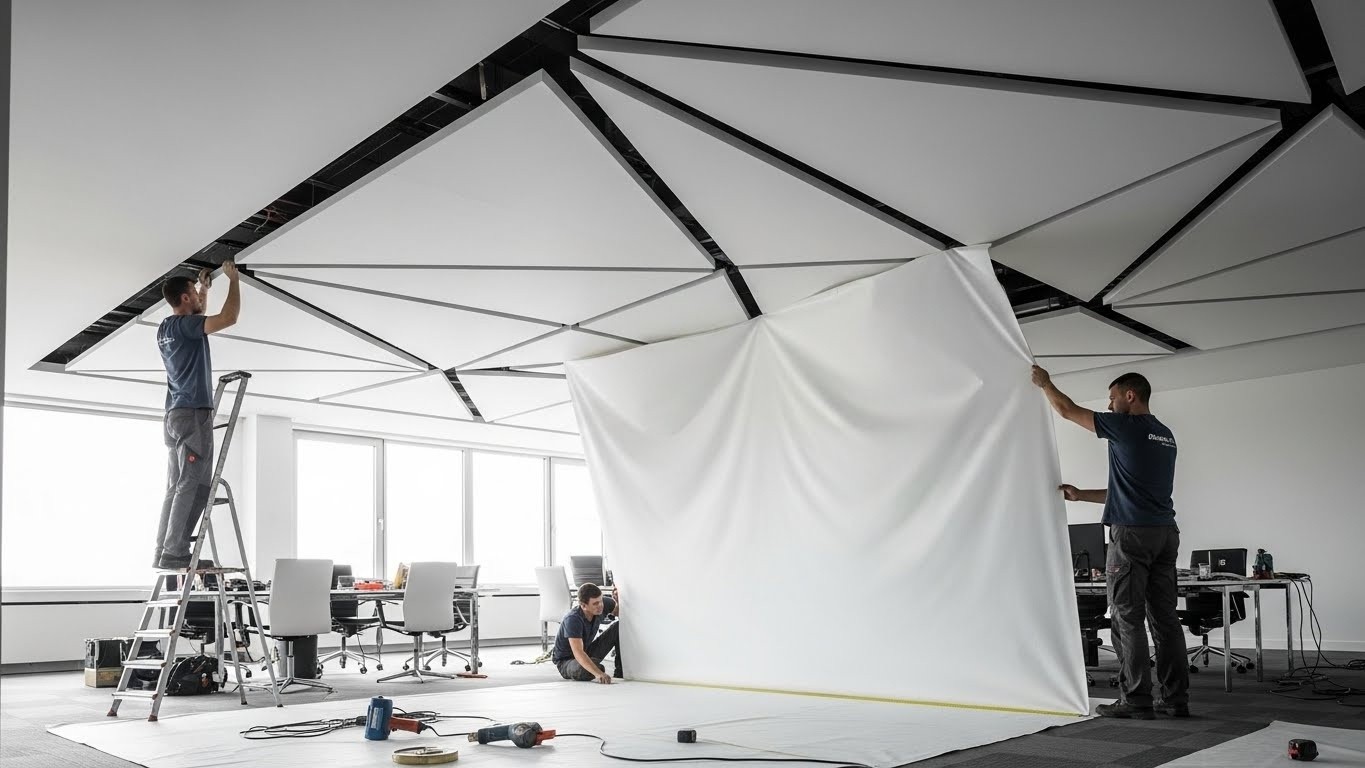 Монтаж натяжных потолков с сложными геометрическими формами для офисов