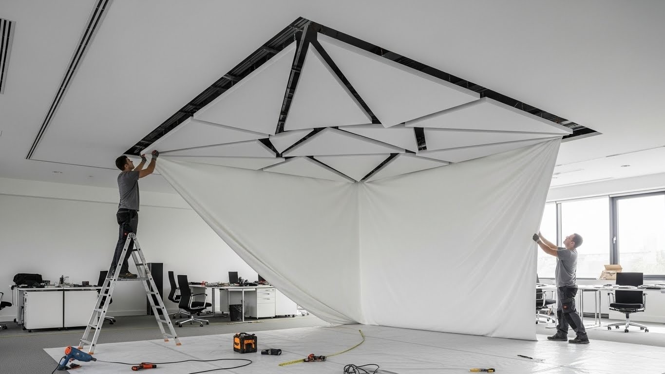 Сложный геометрический натяжной потолок в офисе