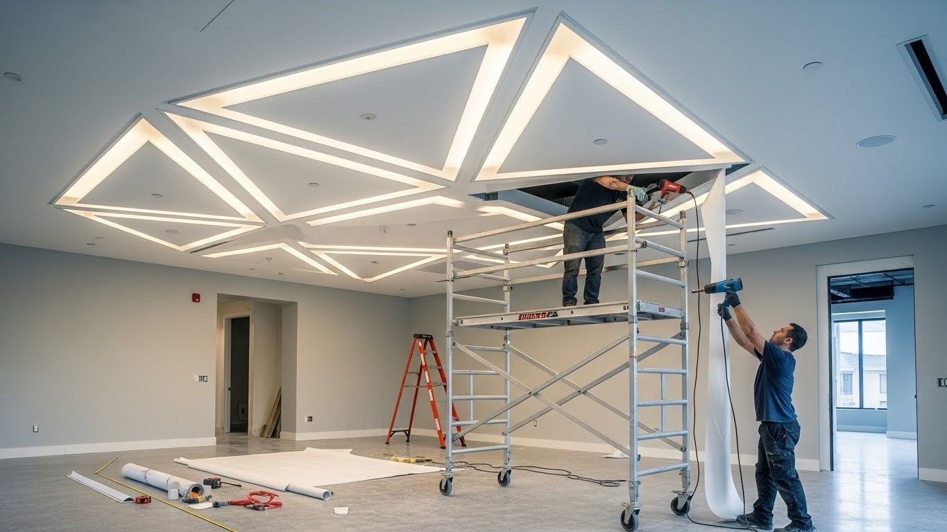 Сложный геометрический натяжной потолок с подсветкой