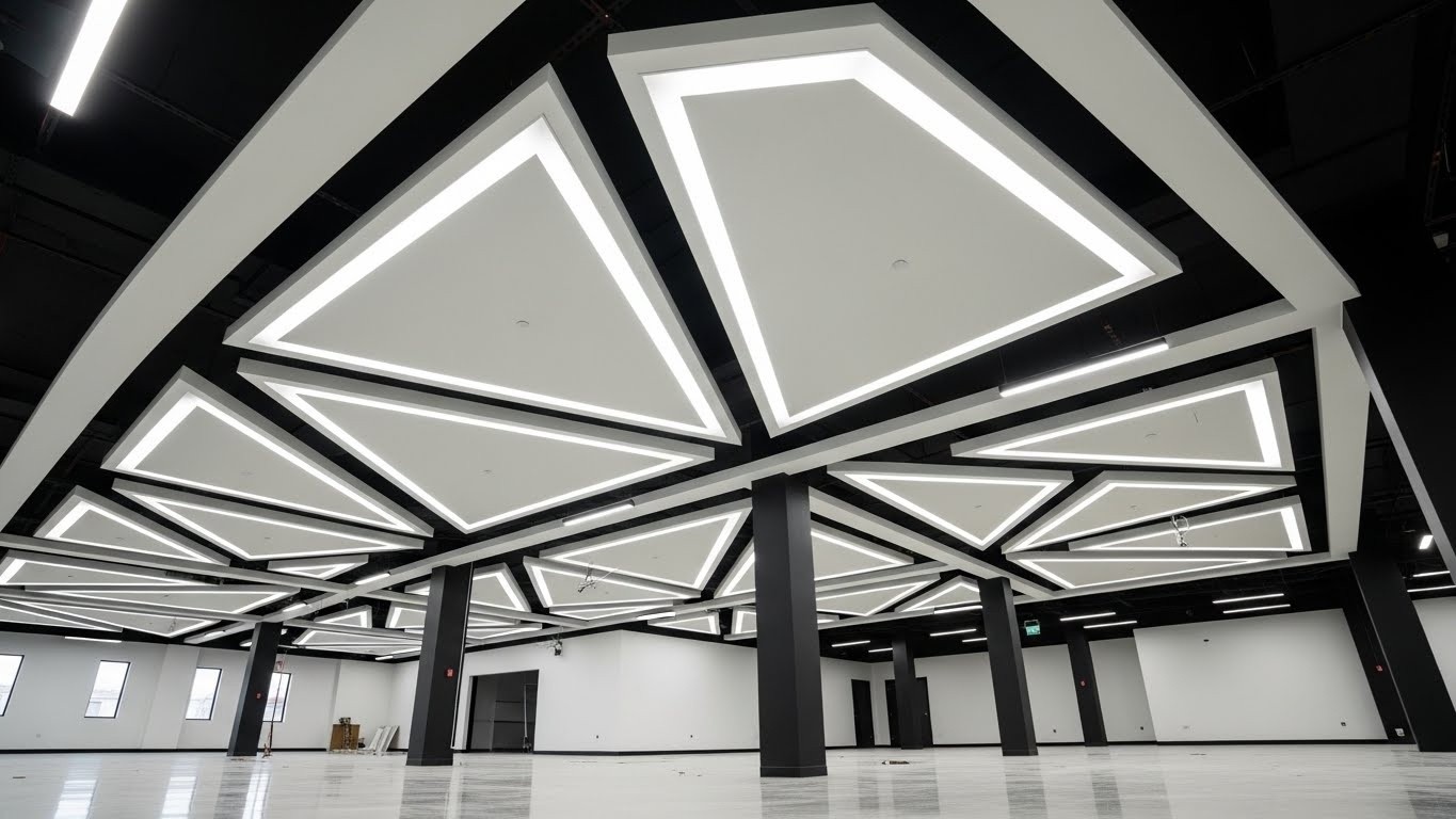 Монтаж натяжных потолков с сложными геометрическими формами для торговых помещений