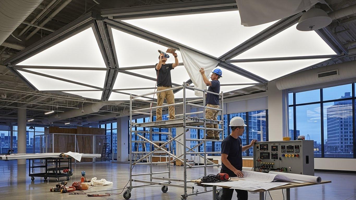 Монтаж натяжного потолка со сложными геометрическими формами для торговых помещений Сложный геометрический натяжной потолок в торговом помещении