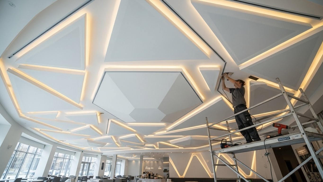Монтаж натяжных потолков с сложными геометрическими формами для кафе