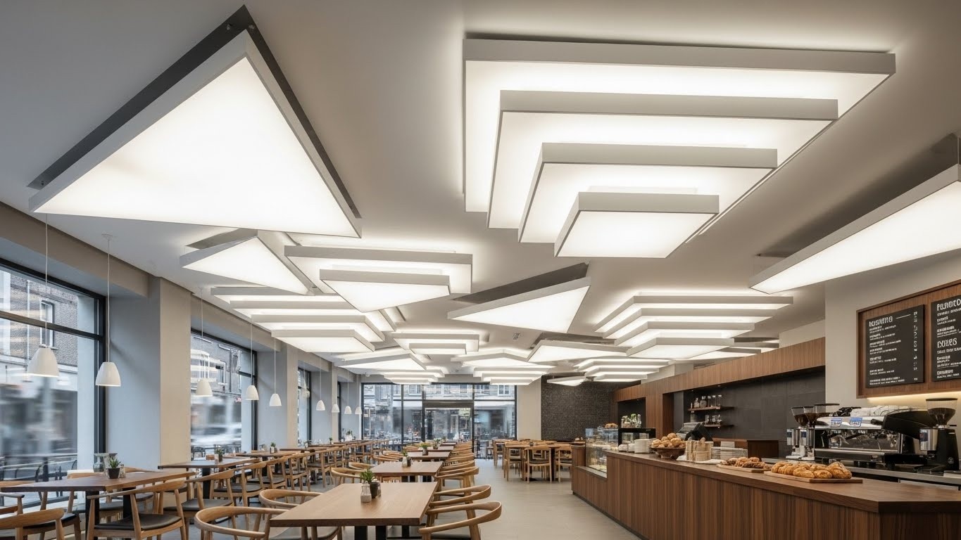 Сложный геометрический натяжной потолок в кафе