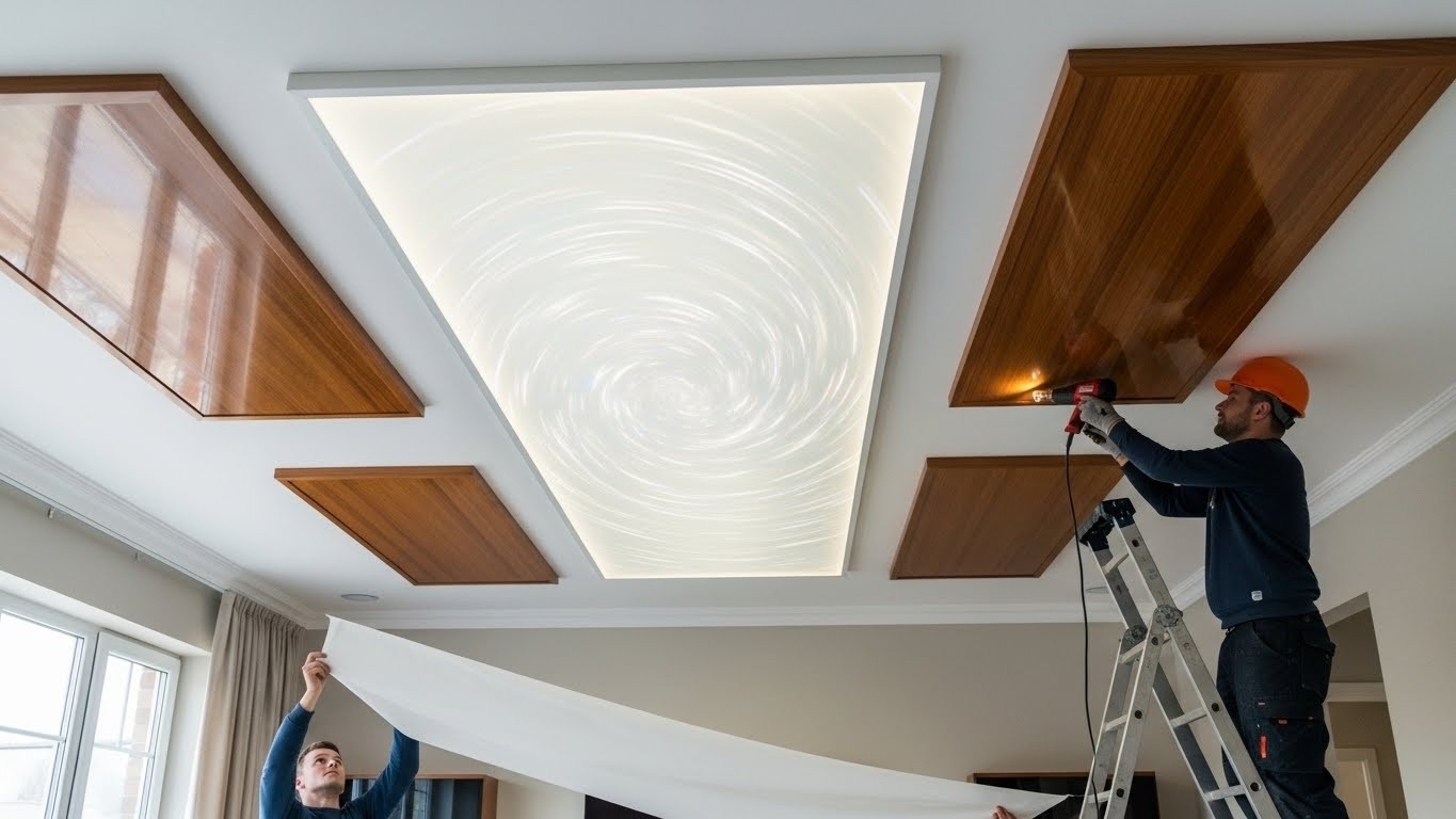 Монтаж натяжного потолка с декоративными вставками для жилых помещений Натяжной потолок с декоративными вставками в жилой комнате