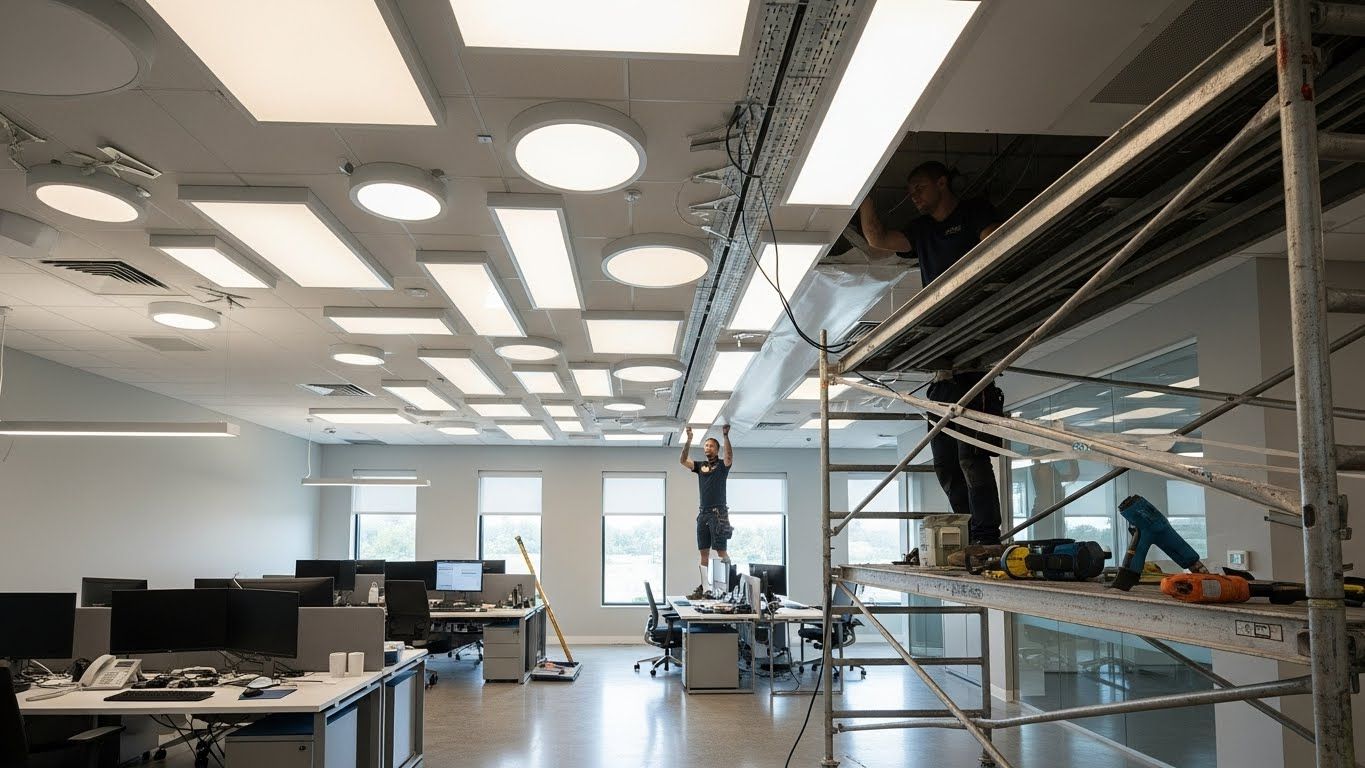 Монтаж натяжного потолка с декоративными вставками для офисов Натяжной потолок с декоративными вставками в офисе