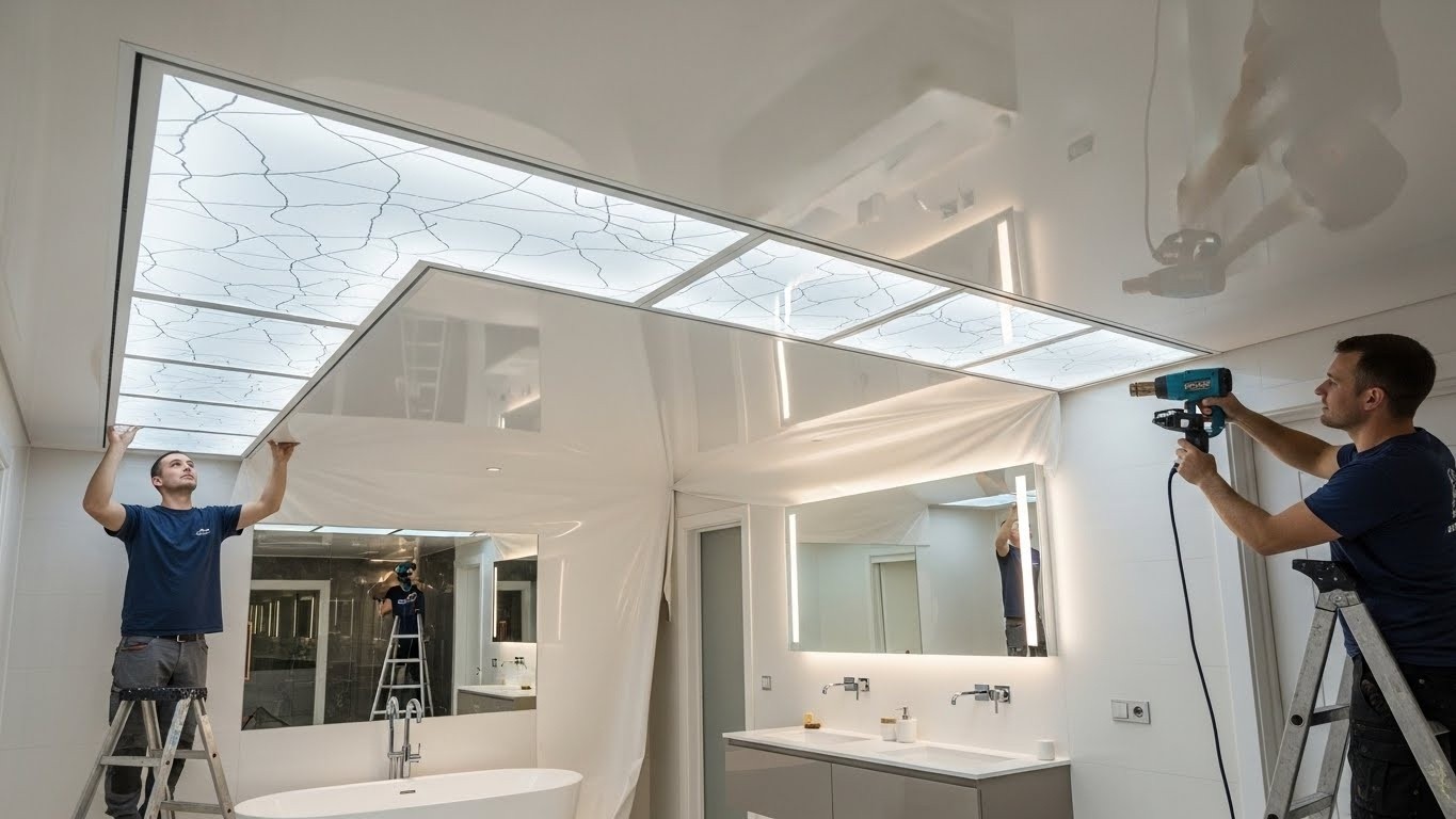 Монтаж натяжных потолков с декоративными вставками для ванных комнат