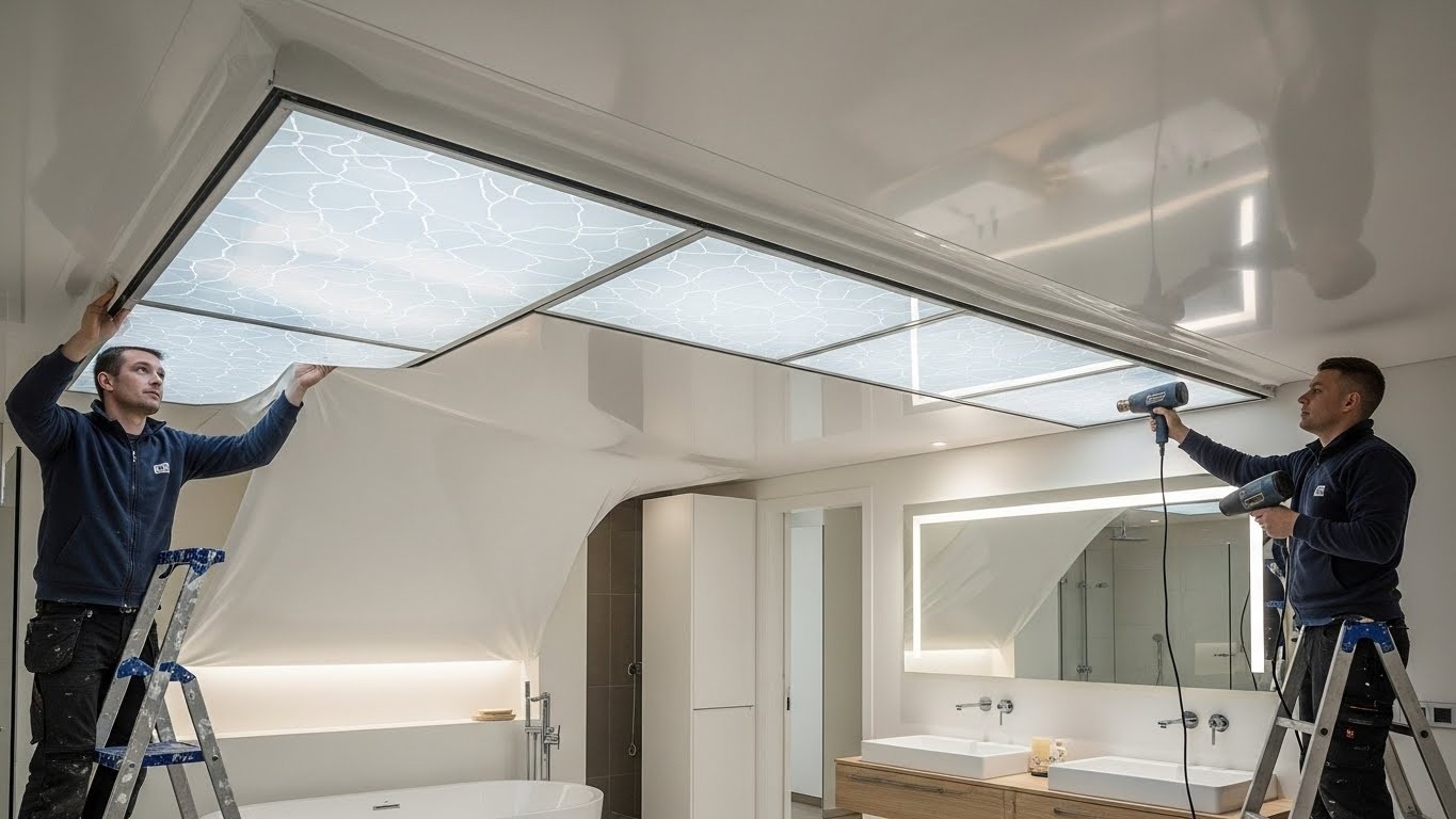 Натяжной потолок с декоративными вставками в ванной