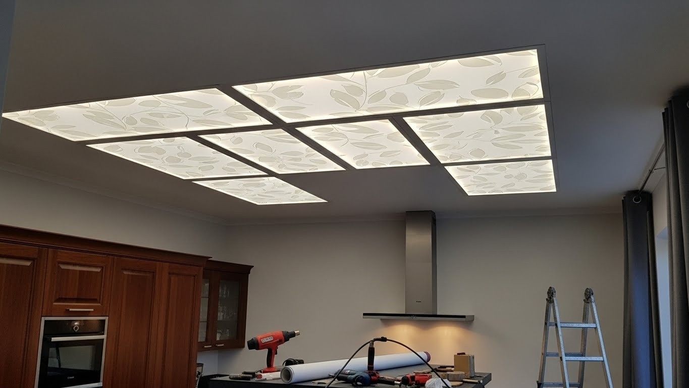 Монтаж натяжных потолков с декоративными вставками для кухонь