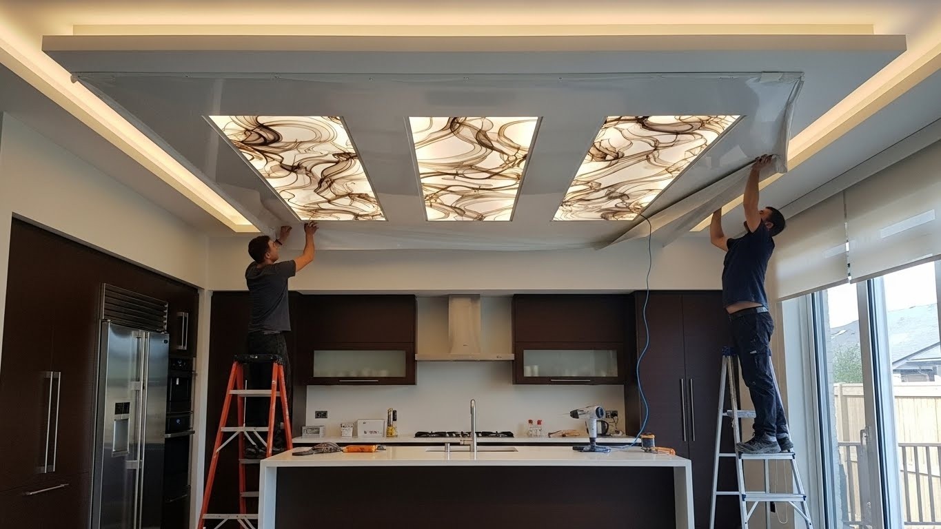 Натяжной потолок с декоративными вставками для кухни