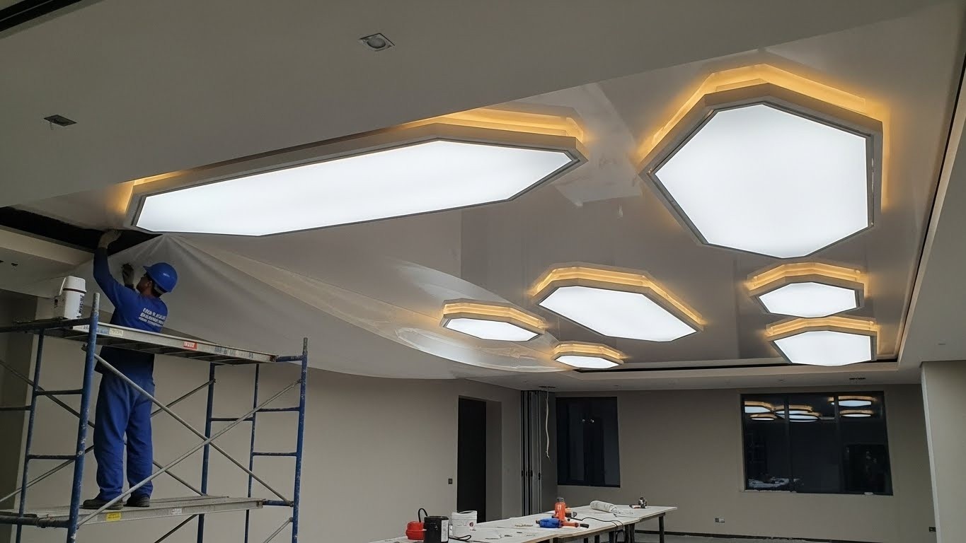 Монтаж натяжных потолков с декоративными вставками с подсветкой