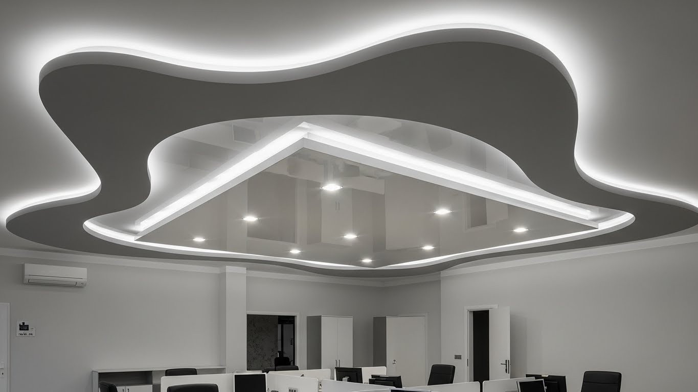 Монтаж натяжного потолка с комбинированными формами для офиса Комбинированный натяжной потолок в офисе