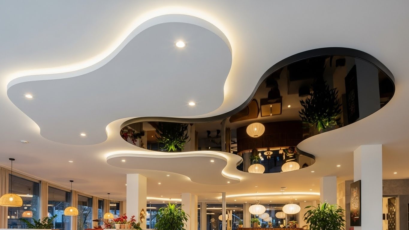 Монтаж натяжных потолков с комбинированными формами для кафе