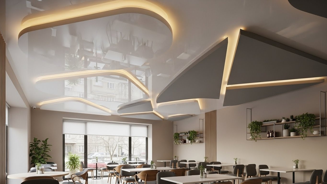 Монтаж натяжного потолка с комбинированными формами для кафе Комбинированный натяжной потолок в кафе