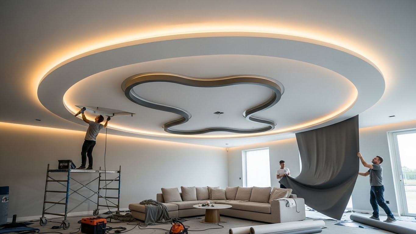 Монтаж натяжных потолков с комбинированными формами с подсветкой