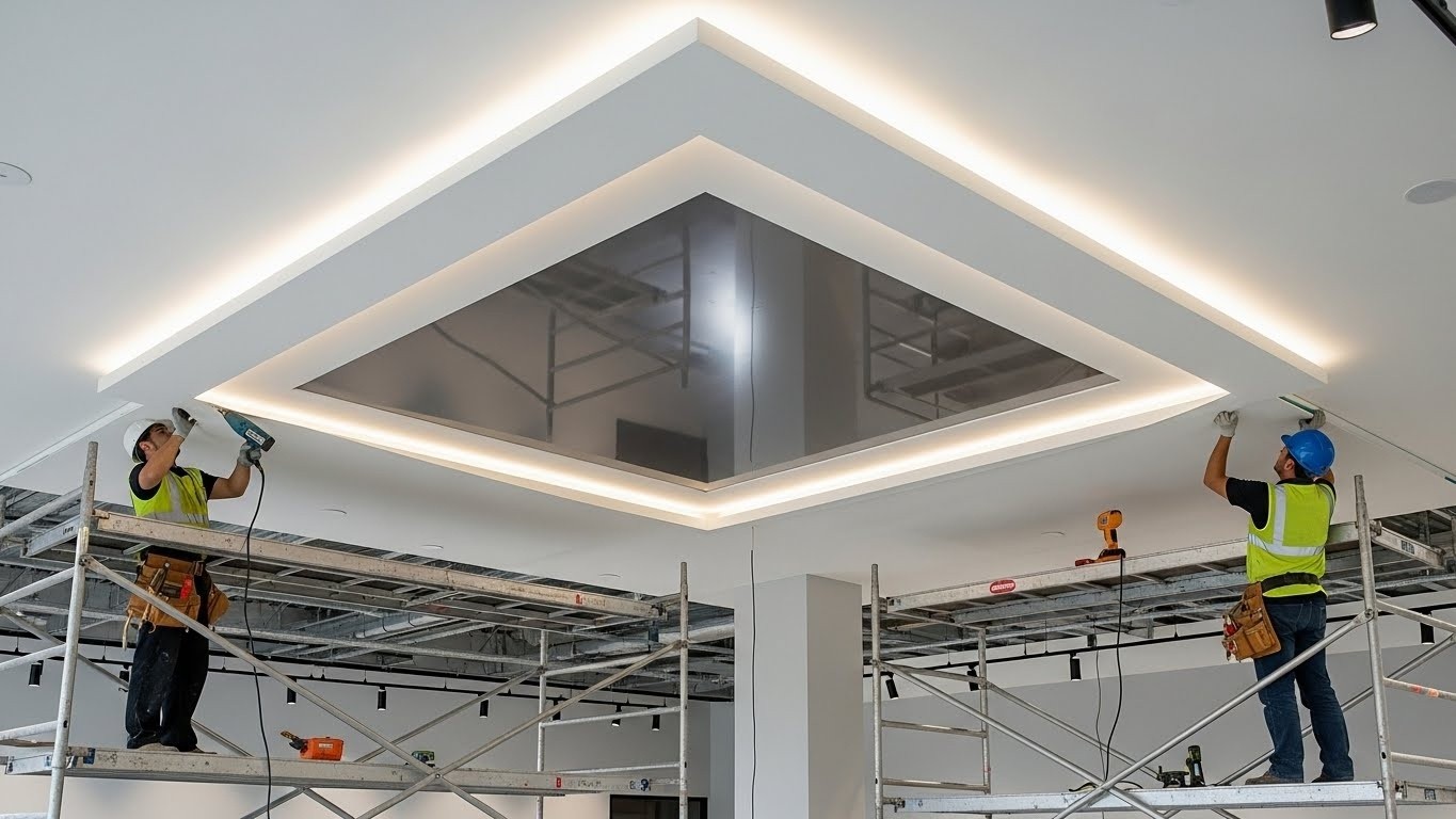 Комбинированный натяжной потолок для торгового помещения